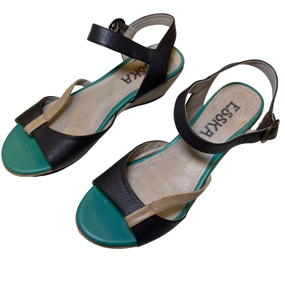 Esska Leather Wedge Sandals Women's EU 37 Black Tan Teal Slingback Comfort‎